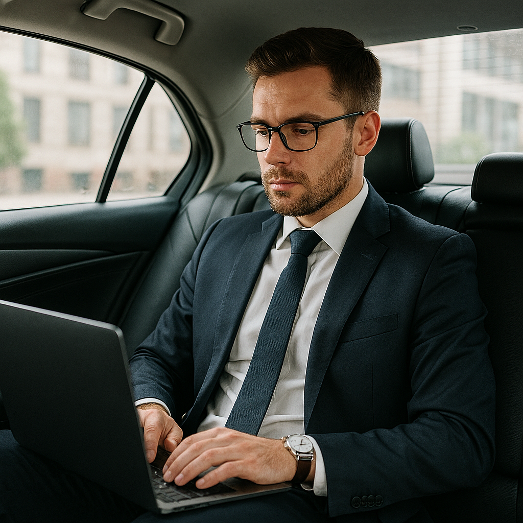 businessman working on laptop in back of taxi