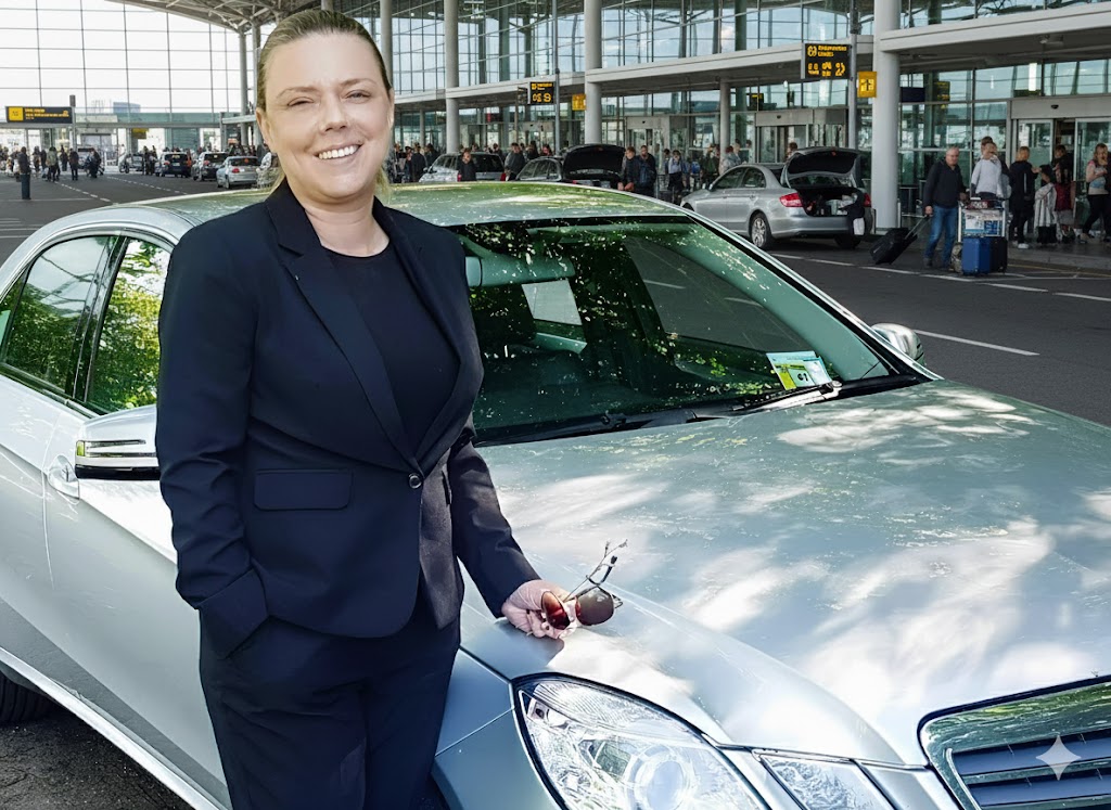 female taxi driver standing by car at airport