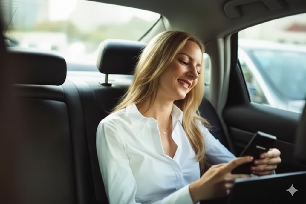 smiling businesswoman in taxi