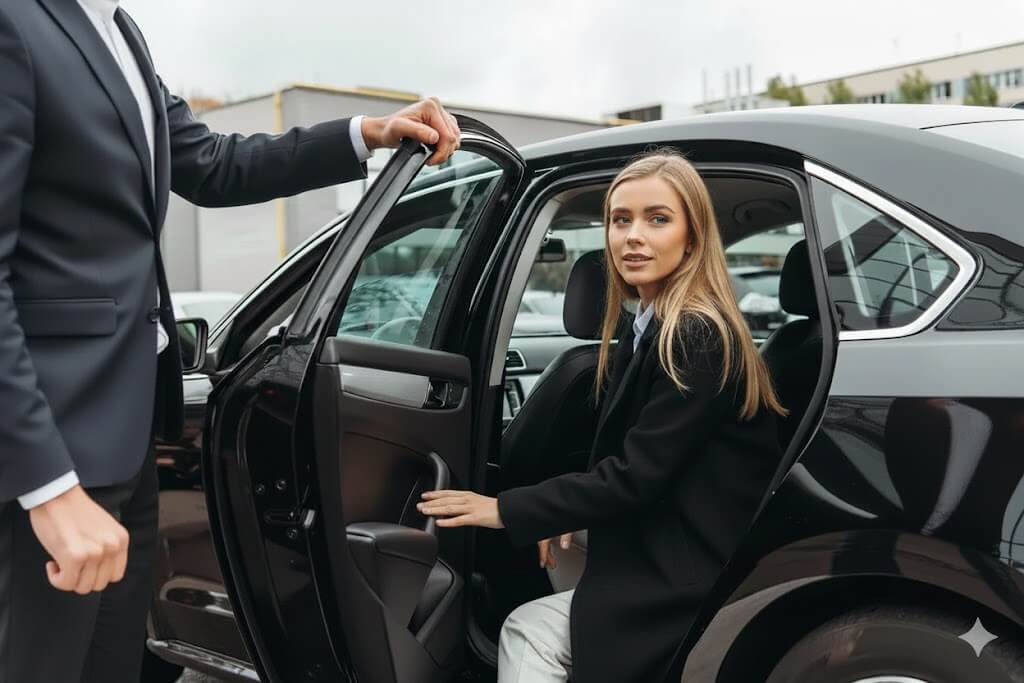 Blonde female passenger alighting central taxis letchworth car