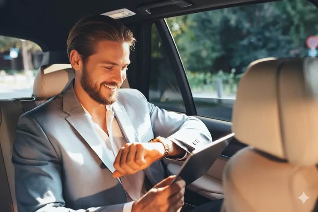 blonde male central taxis passenger looking at watch